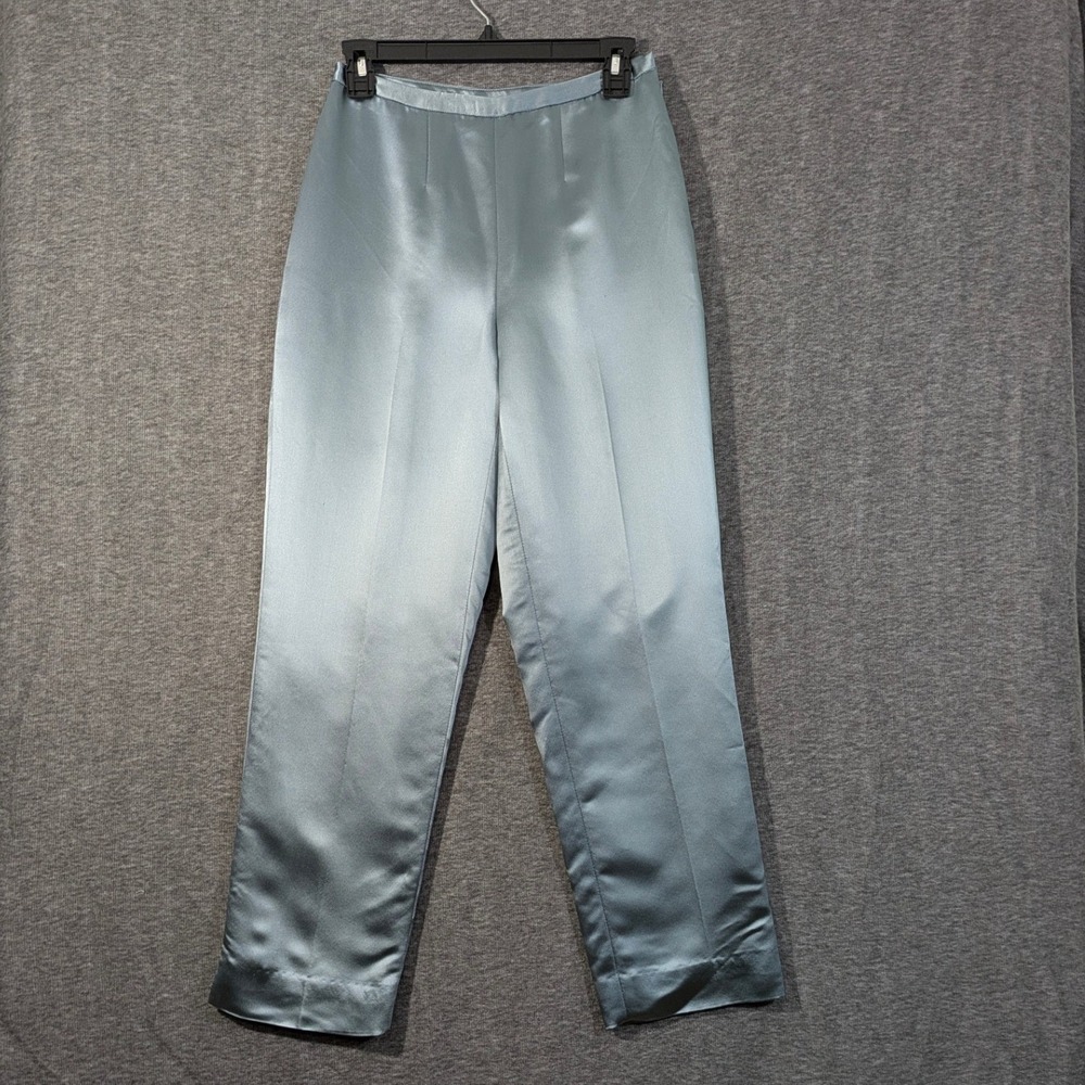 Kate Hill Blue Grey Satin Finish Straight Leg Dress Pants Side Zip Sz 4 Petite